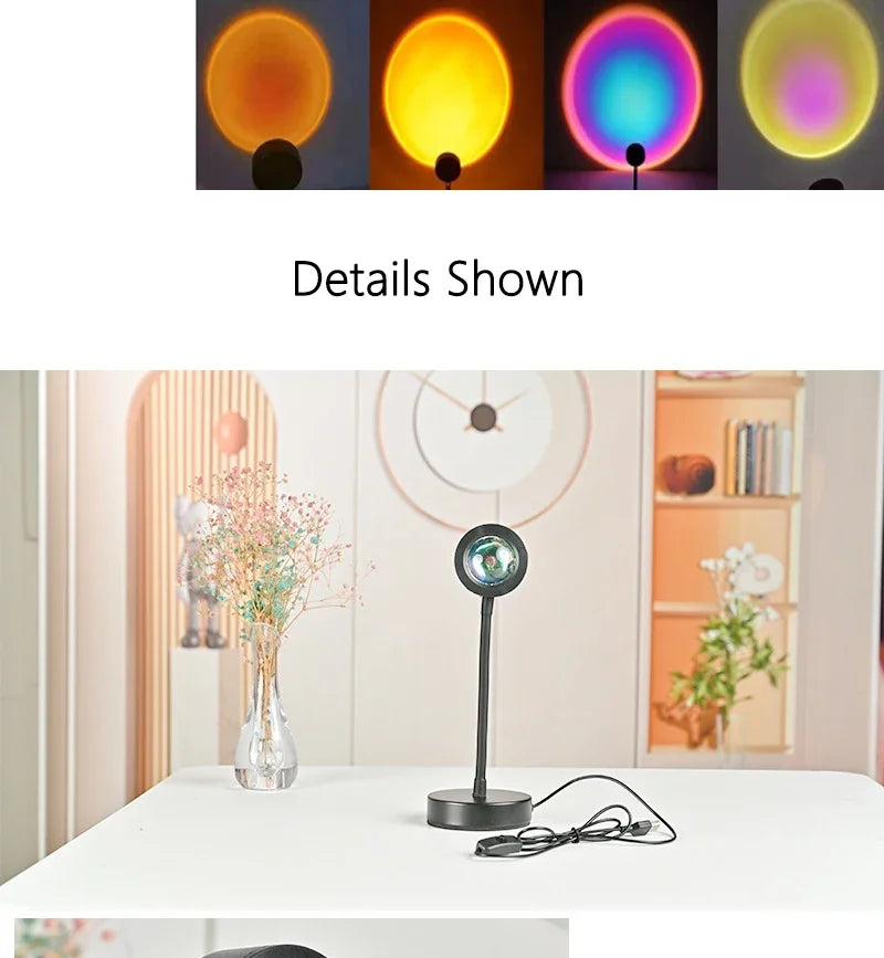 16-Color Remote Sunset Lamp: 360° Rotation RGB Rainbow Projector